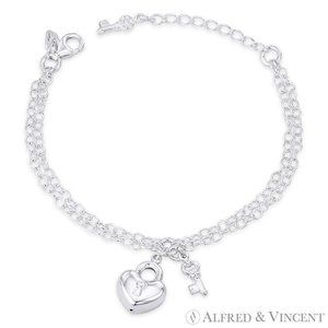 Heart Lock, Key & 2.7mm Oval Cable Double Chain Bracelet in .925 Sterling Silver